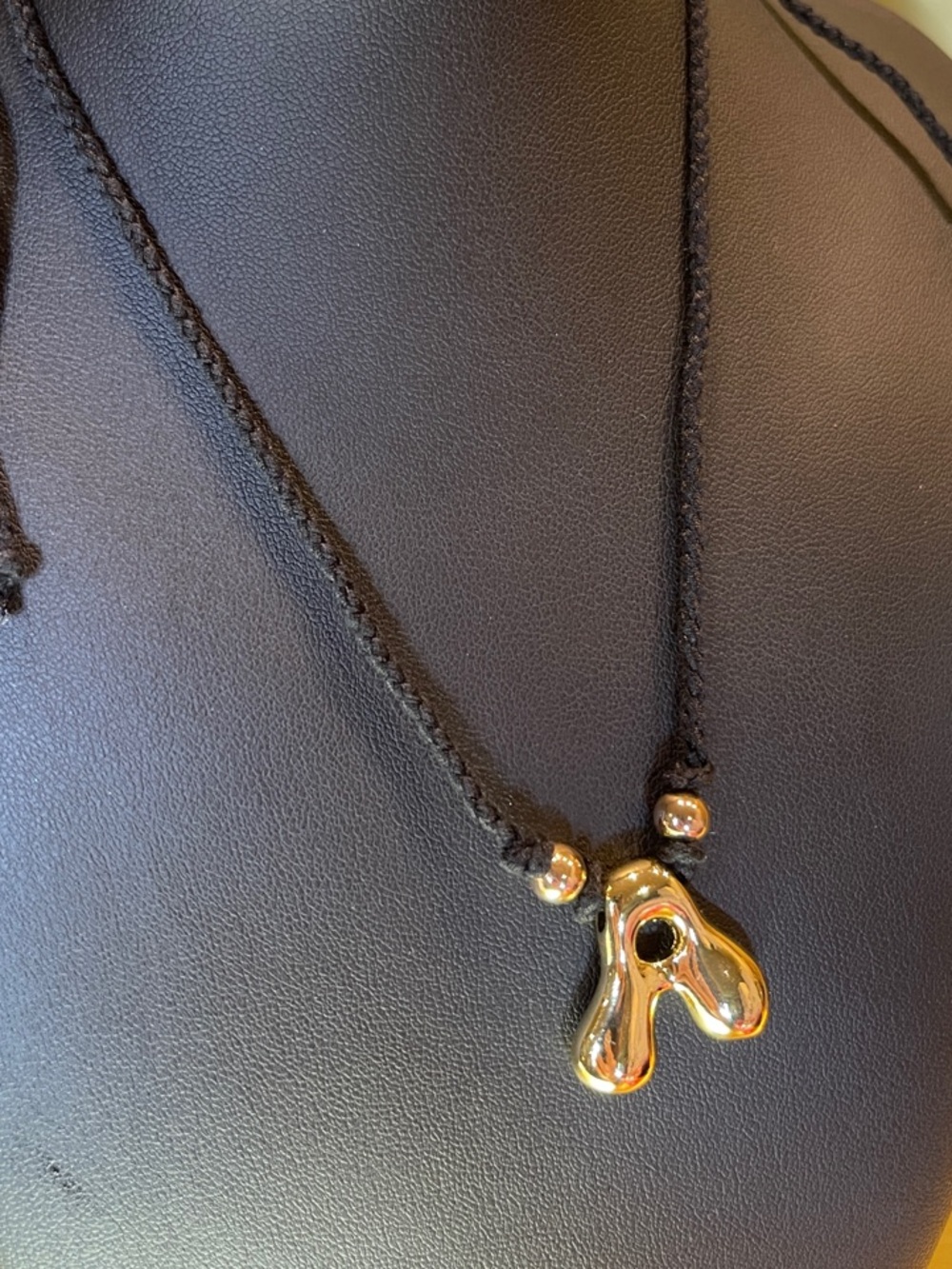 ‘A’ Gold Organic Drop Pendant Necklace on Black Cord
